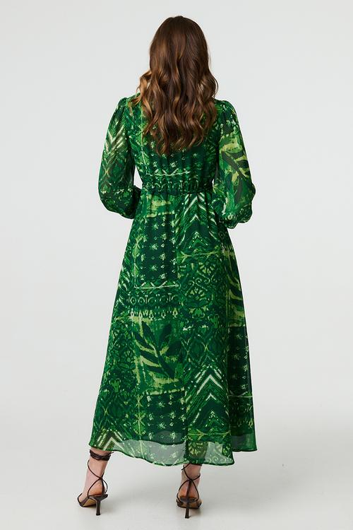 Leafy Printed Maxi Chiffon Dress - Green