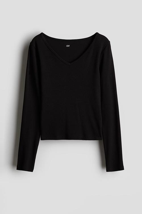 Ribbed cotton jersey top - black