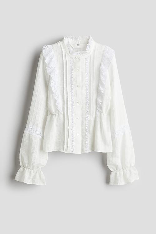 Frill-trimmed lace-inset blouse - white