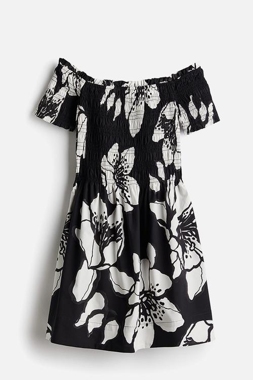 Smocked-top dress - black white floral 