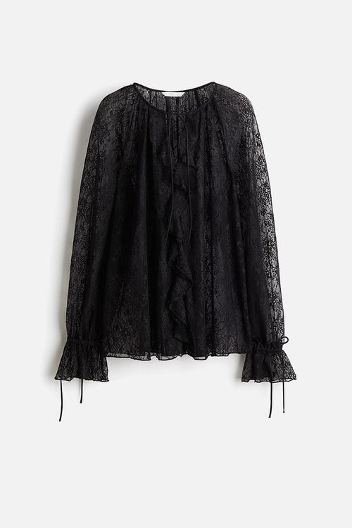 Frill-trimmed lace blouse - black