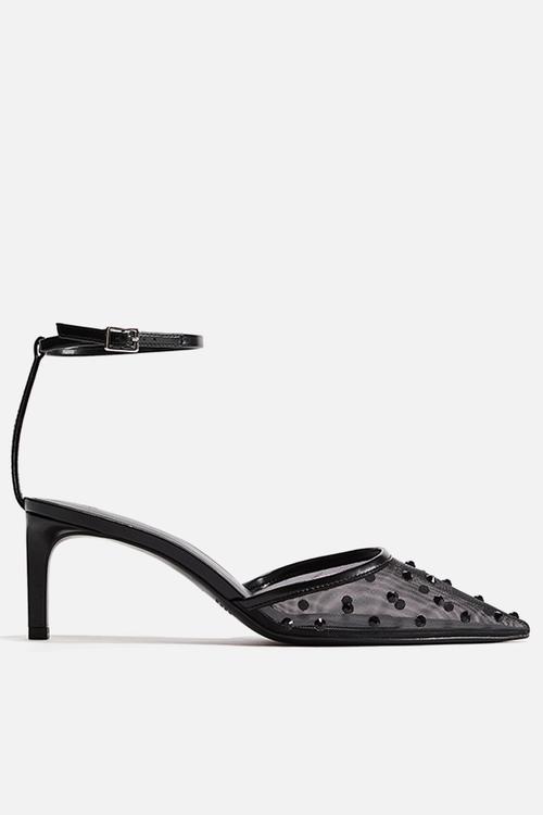 Rhinestone-embellished mesh court shoes - black