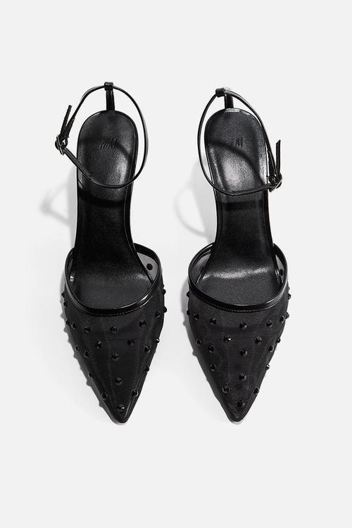 Rhinestone-embellished mesh court shoes - black