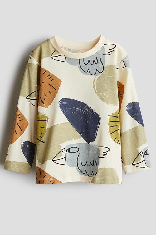 Printed jersey top -  light yellow/birds