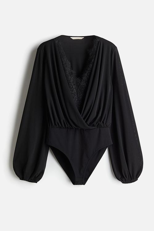 Draped lace-trimmed body - black