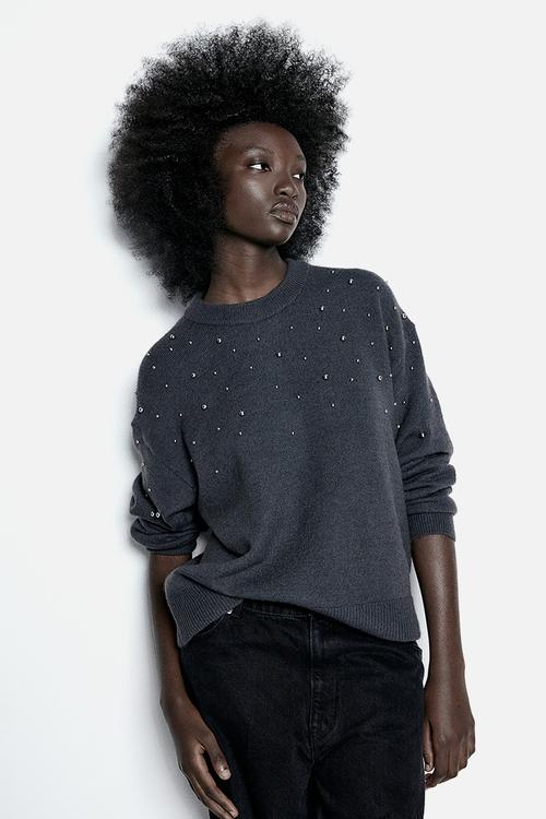 Embellished jumper - dark grey beads