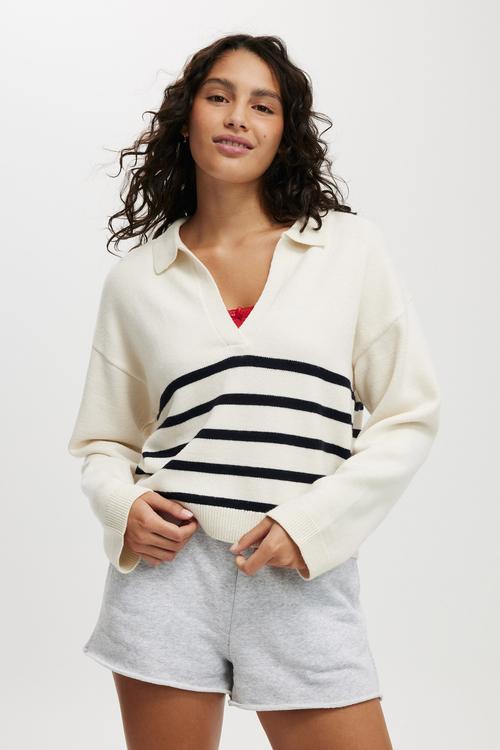 Luxe collar sweater - ecru/navy stripe
