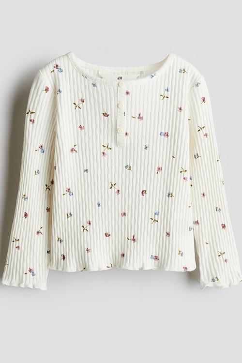 Pointelle jersey top - white floral