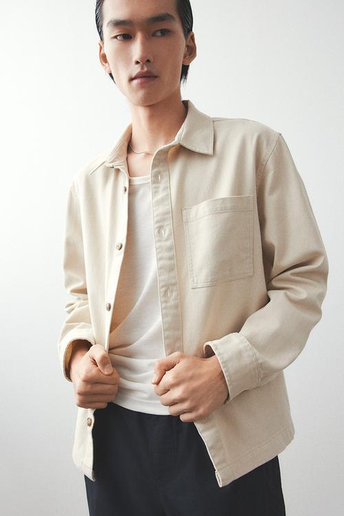 Regular fit cotton twill overshirt - beige