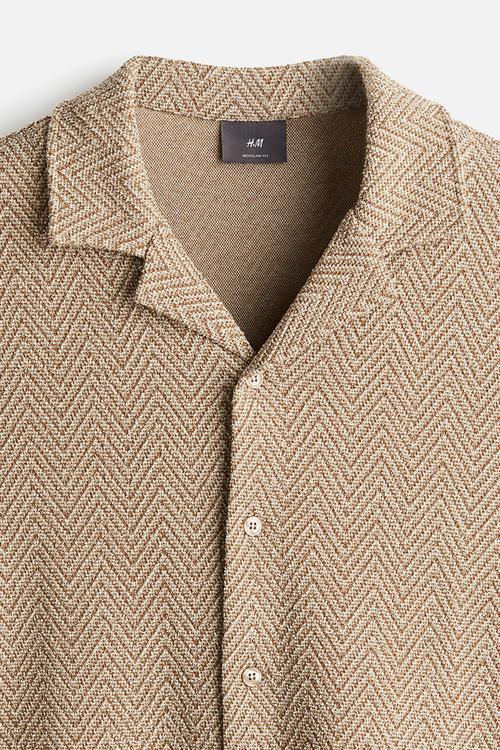 Regular fit herringbone-weave resort shirt - beige