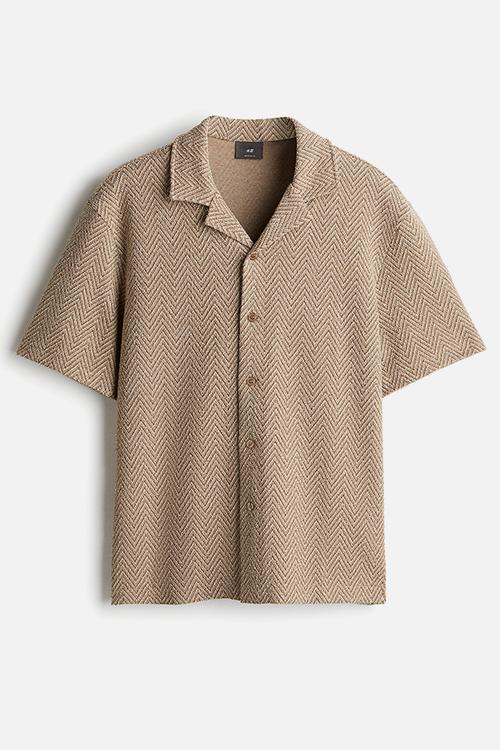 Regular fit herringbone-weave resort shirt - beige