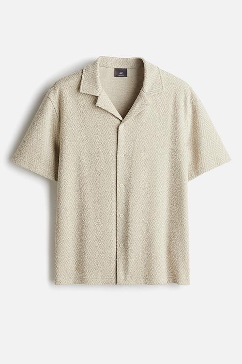 Regular fit herringbone-weave resort shirt - light beige