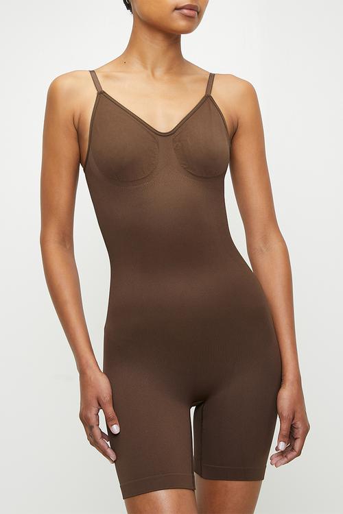 Backless mid thigh bodysuit - brown