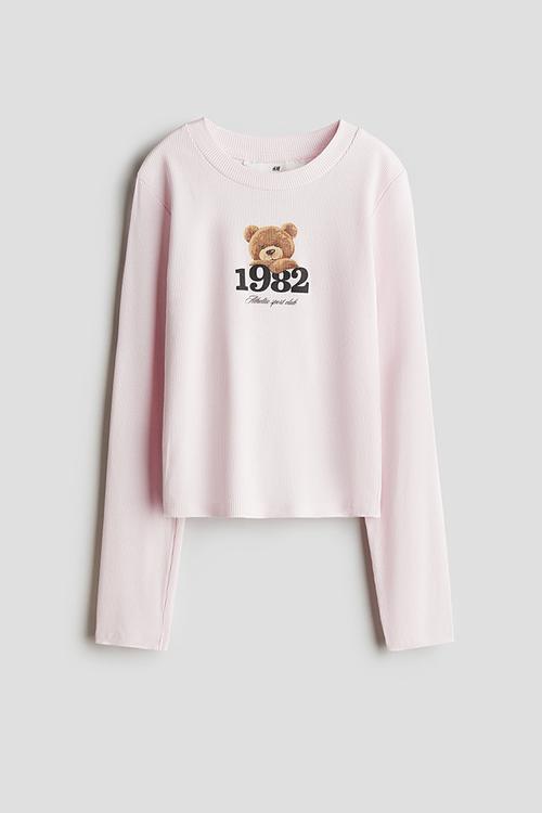 Ribbed cotton top - powder pink/teddy bear