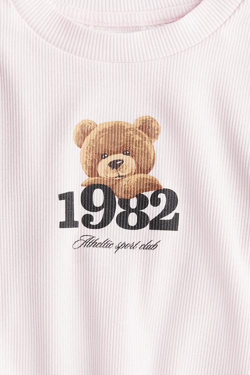 Ribbed cotton top - powder pink/teddy bear