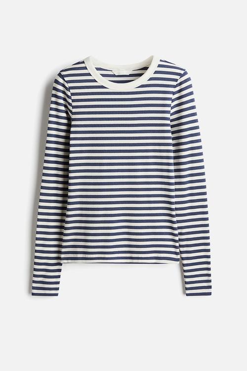 Ribbed jersey top - white & dusty blue striped
