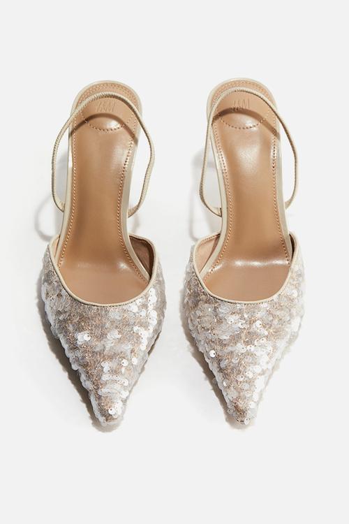 Sequined slingback court shoes - light beige