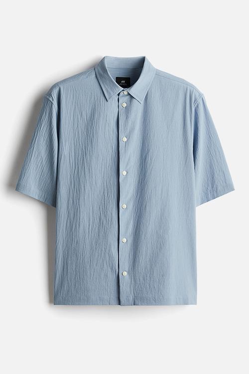 Regular fit crinkled short-sleeved shirt - light blue