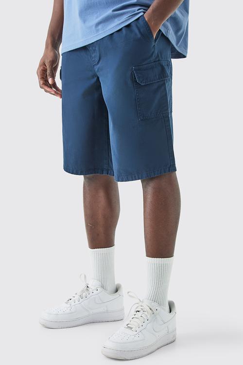 Longer Length Relaxed Fit Elasticated Waist Cargo Shorts - navy
