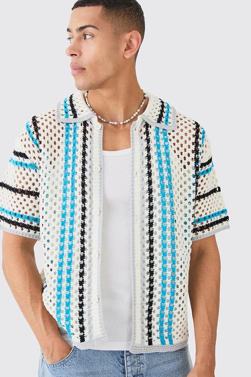 Oversized Boxy Open Knit Stripe Shirt - Ecru