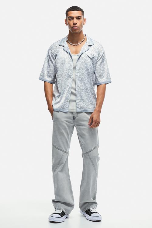 Oversized Boxy Leopard Print Satin Shirt - light grey