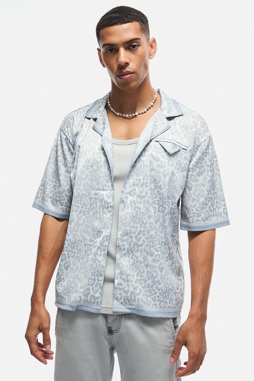 Oversized Boxy Leopard Print Satin Shirt - light grey