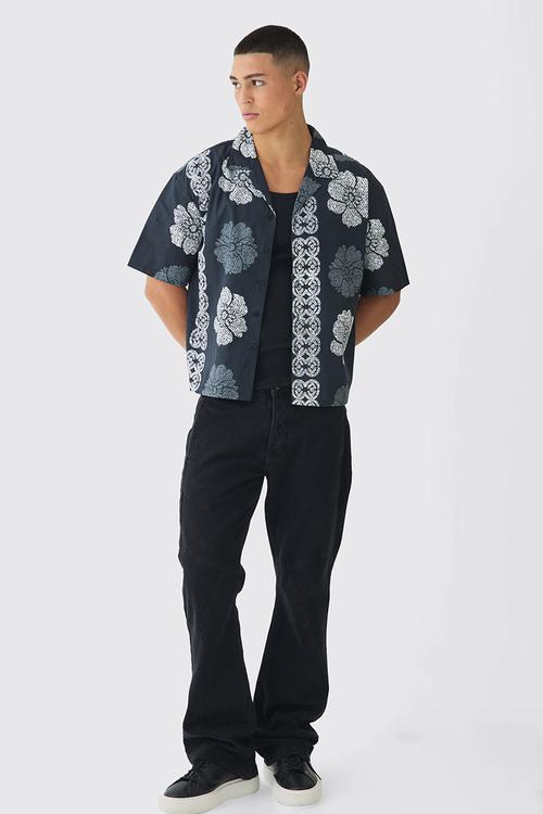 Oversized Monogram Flower Print Poplin Shirt - blue