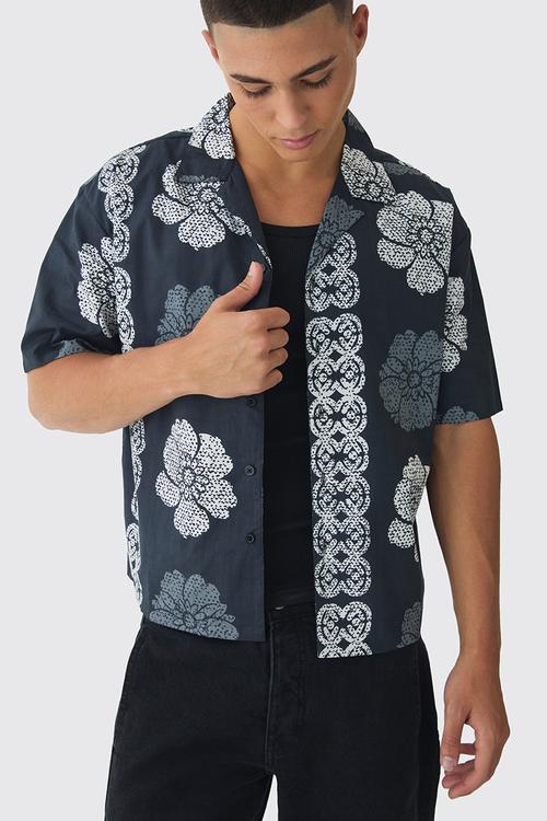 Oversized Monogram Flower Print Poplin Shirt - blue
