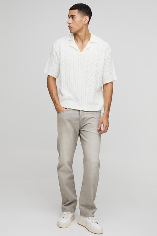 Oversized Boxy Revere Collar Cable Knitted Polo - White