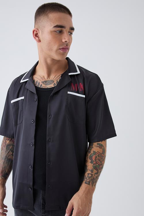 Oversized Homme Print Satin Shirt - black