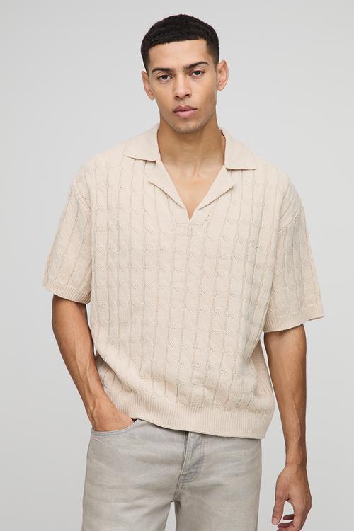Oversized Boxy Revere Collar Twisted Cable Knitted Polo - Stone
