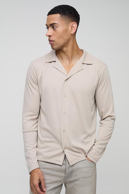 Regular Fit Long Sleeve Interlock Shirt - Stone