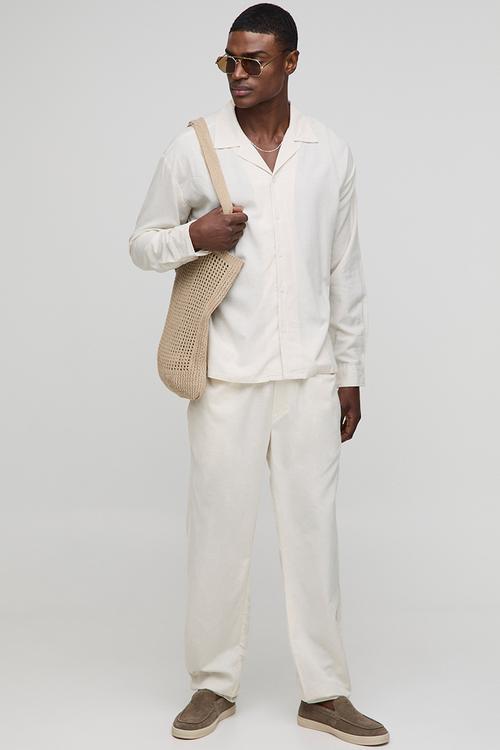 Oversized Long Sleeve Revere Linen Blend Shirt - Natural
