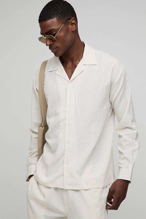 Oversized Long Sleeve Revere Linen Blend Shirt - Natural