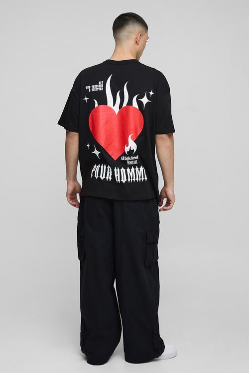 Oversized Pour Homme Flame Heart Graphic T-Shirt - Black