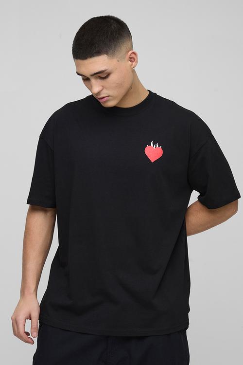 Oversized Pour Homme Flame Heart Graphic T-Shirt - Black