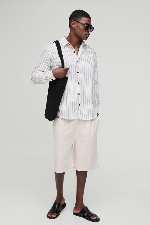 Super Oversized Linen Look Embroidery Striped Collared Shirt - stone