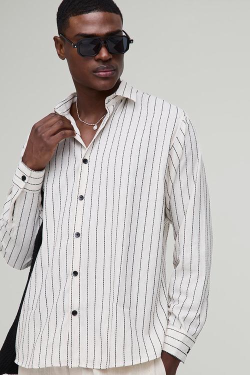 Super Oversized Linen Look Embroidery Striped Collared Shirt - stone