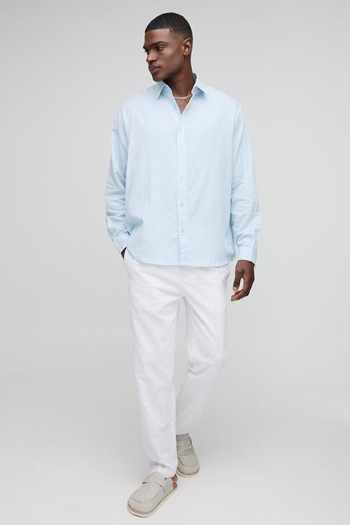 Super Oversized Long Sleeve Collared Linen Blend Shirt - Light Blue
