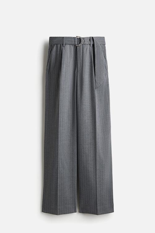 Belted tailored trousers - dark grey marl/pinstriped 