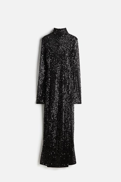 Long sequined net dress - black