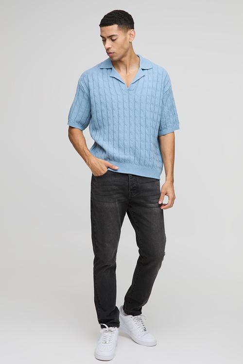 Oversized Boxy Revere Collar Twisted Cable Knitted Polo - Light Blue