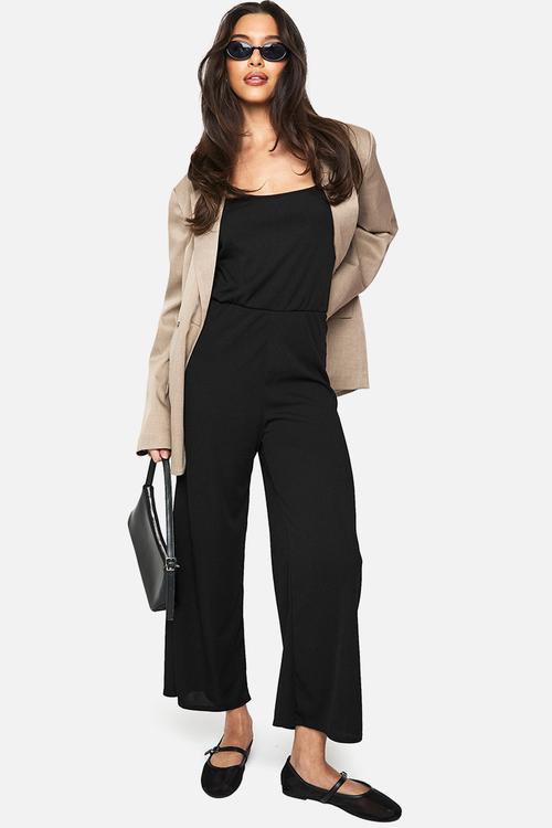 Basic rib strappy culotte jumpsuit - black