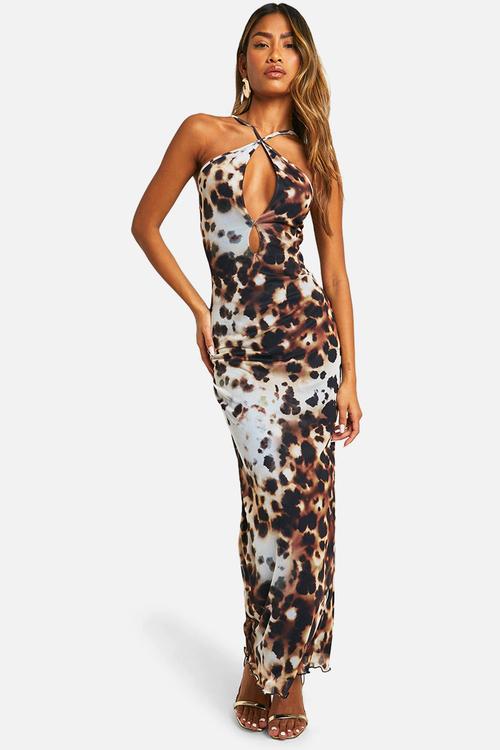 Mesh leopard halter maxi dress - multi