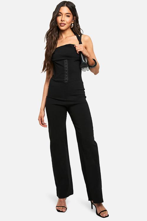 Bengaline halterneck corset jumpsuit - black