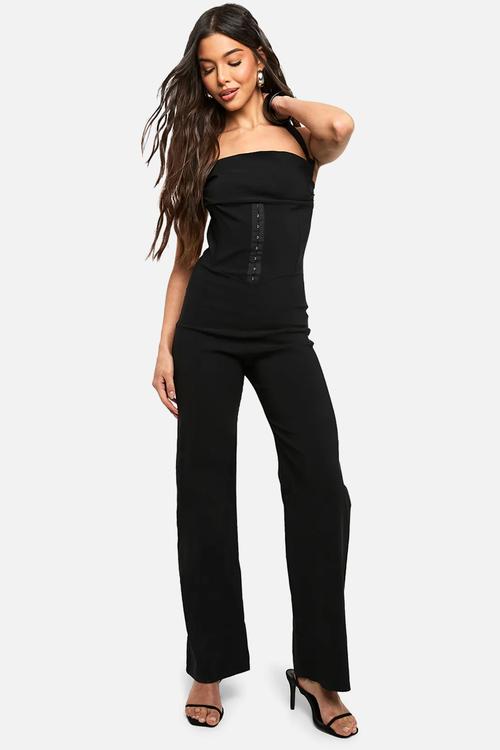 Bengaline halterneck corset jumpsuit - black