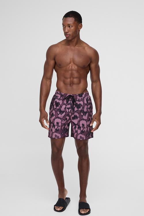 Mid Length Leopard Printed Swim Short - Purple