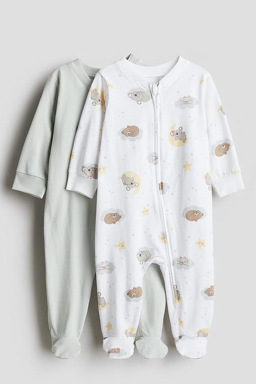 2 Pack zip-up sleepsuits -  light dusty green/patterned