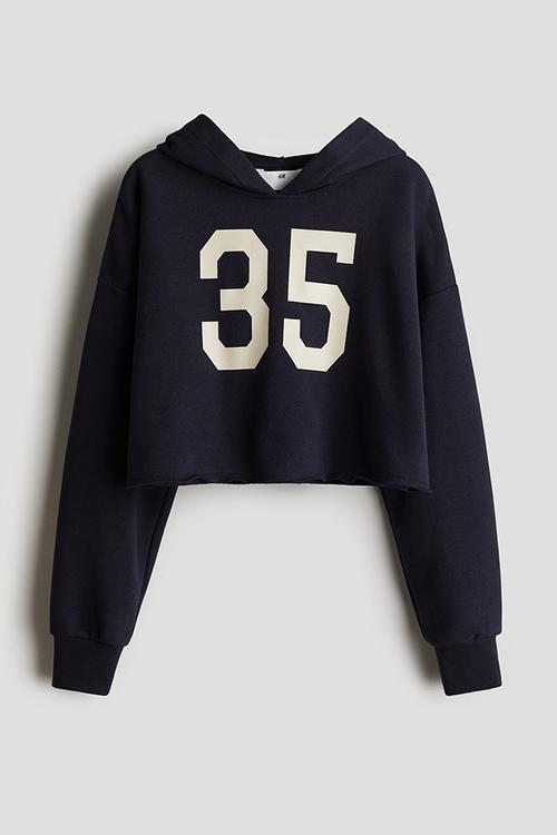 Printed cropped hoodie -  navy blue/35