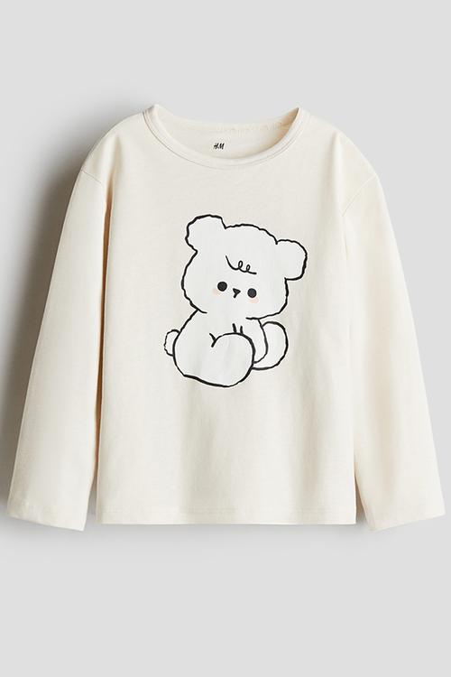 Printed cotton top - cream/teddy bear